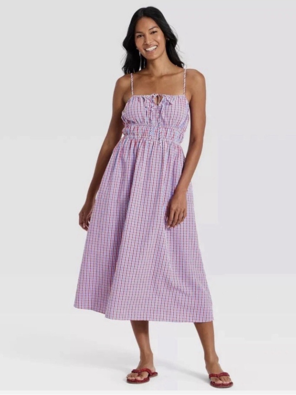 A New Day Women's Midi Seersucker Dress Red White &Blue Gingham M